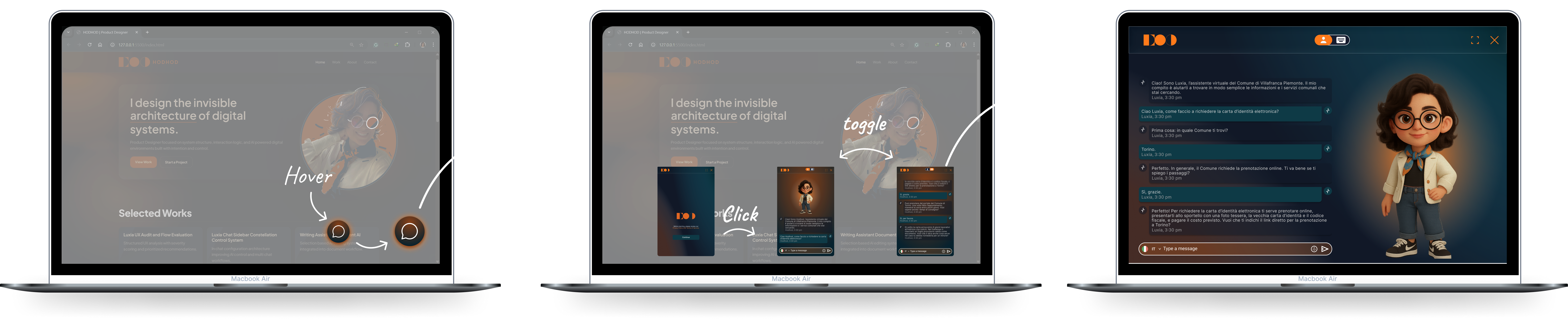 AI assistant interaction flow from bubble to overlay to fullscreen