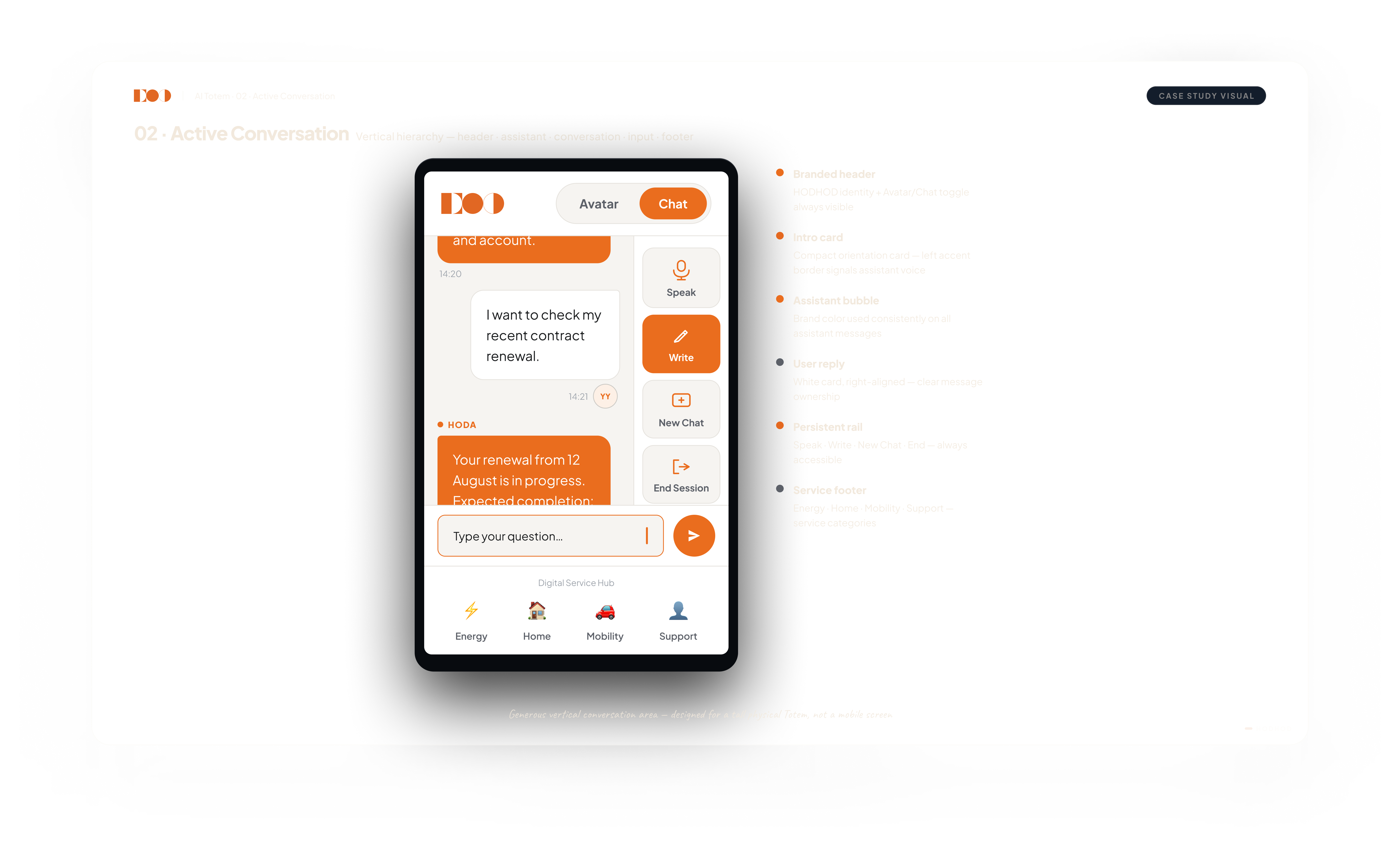 Active conversation state showing assistant and user messages with persistent Totem controls