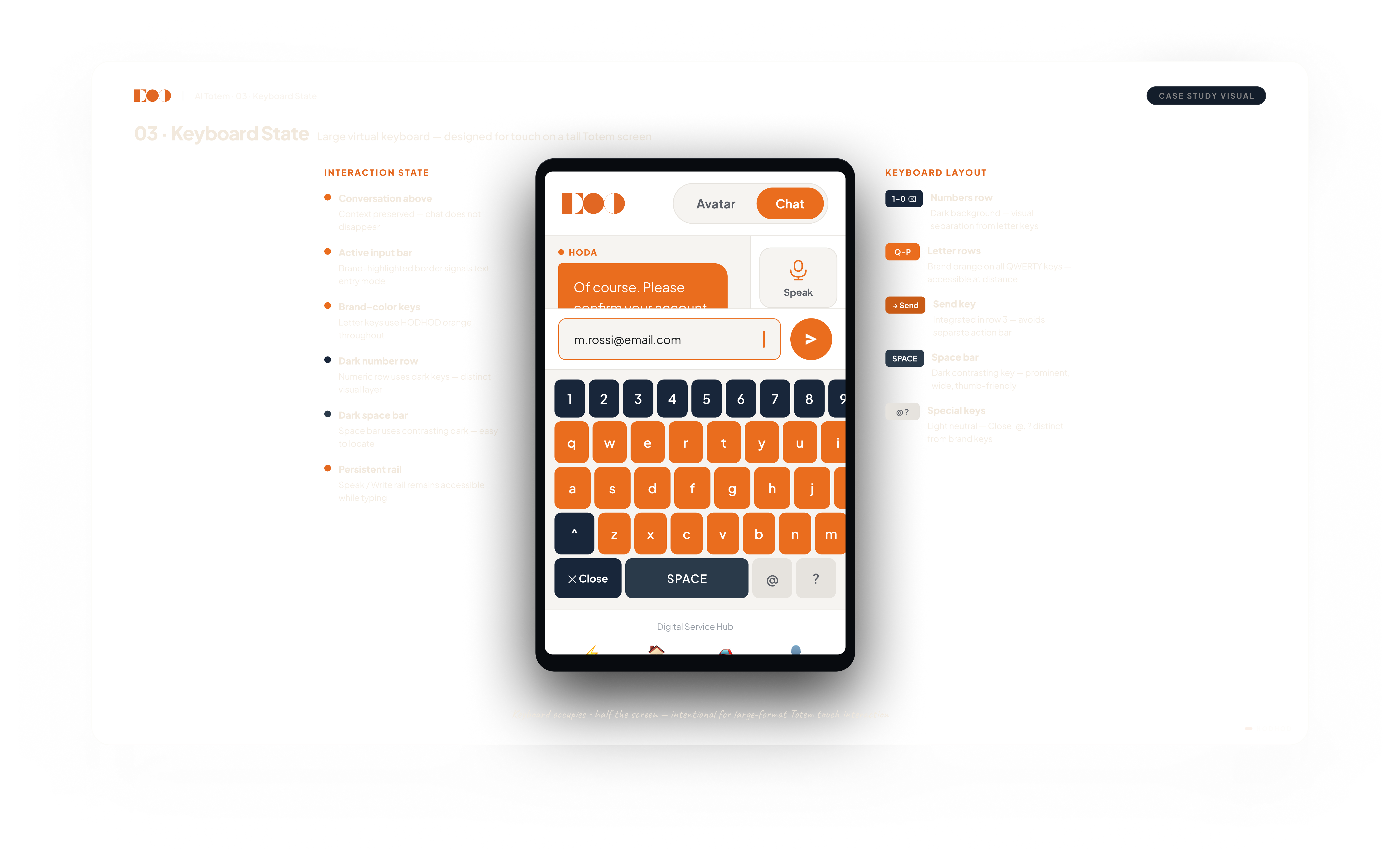 Large virtual keyboard state for typed interaction on the self-service Totem