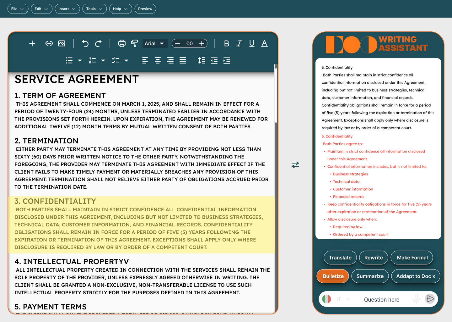 Writing Assistant bulletize state