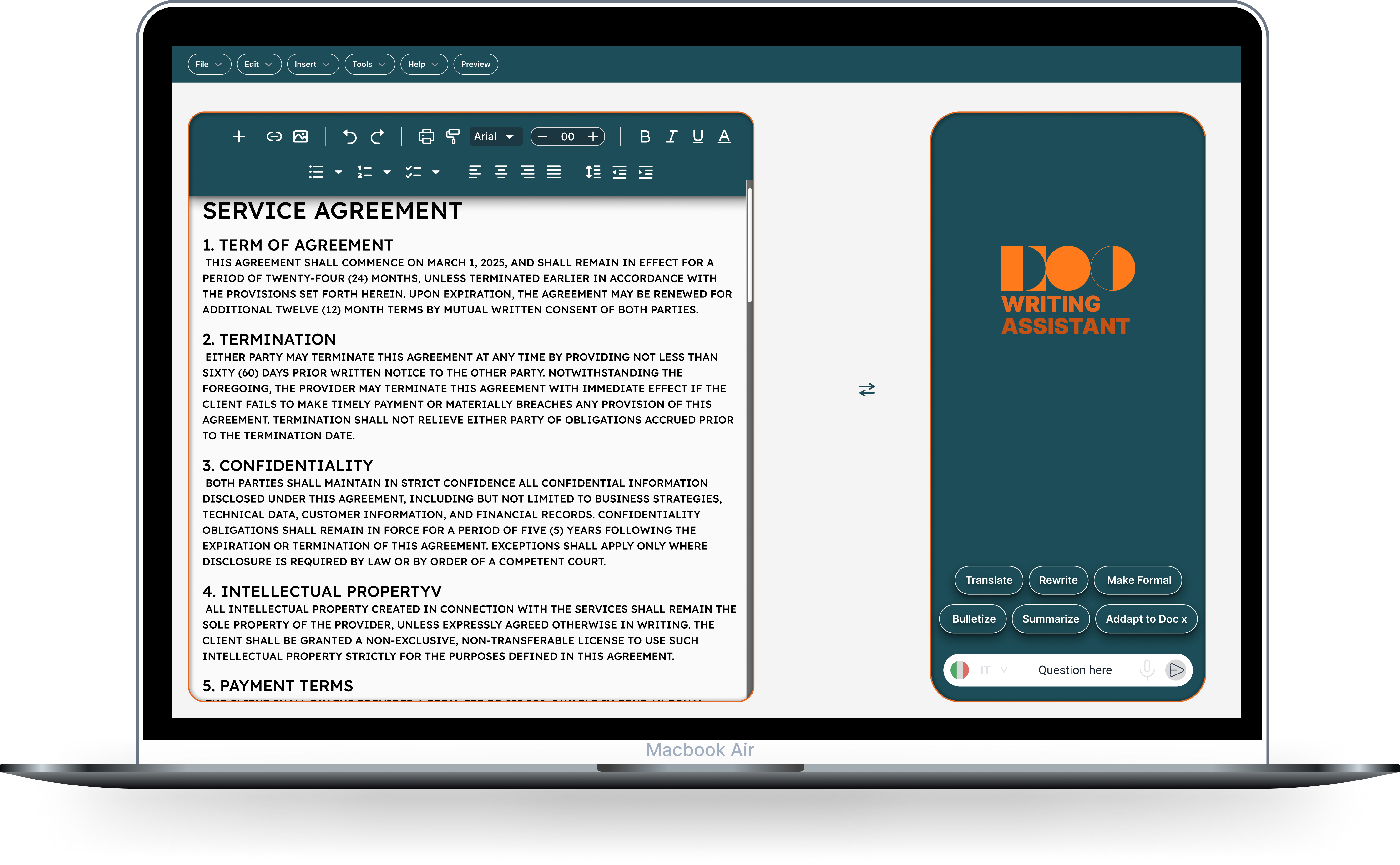 Writing Assistant document editor and assistant panel overview