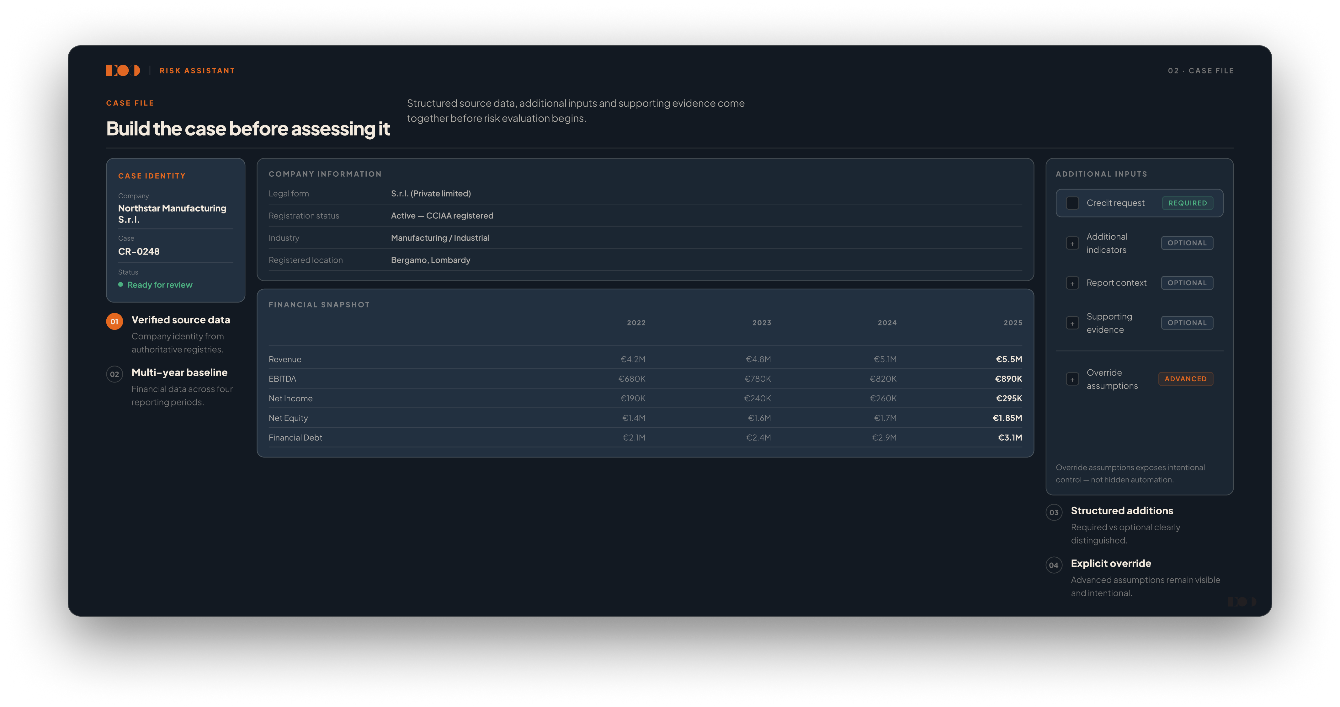 Risk Assistant case file showing company information, financial snapshot and additional assessment inputs