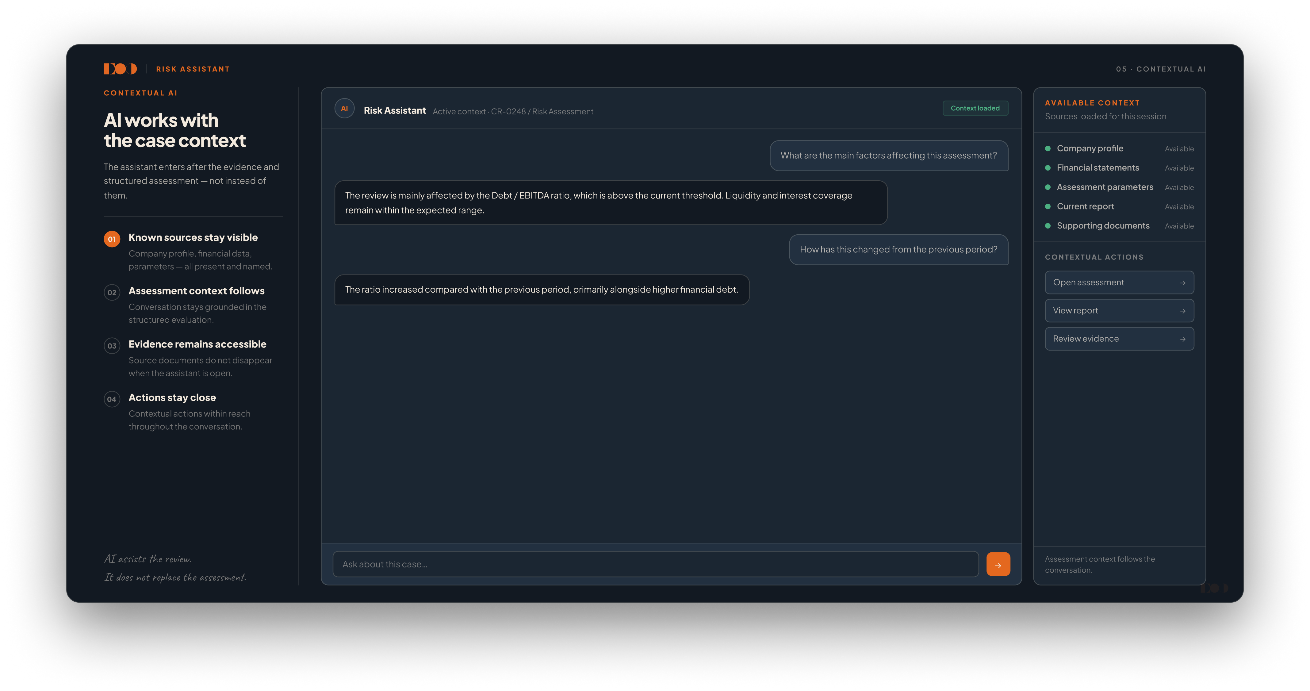 Risk Assistant contextual AI interface with assessment conversation, available context and evidence actions